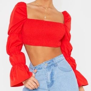 PLT Red Ruched Long Sleeve Crop Top